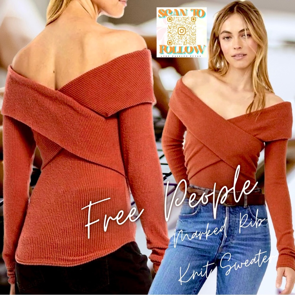 FREE PEOPLE MARLED RIB KNIT OFF SHOULDER LONG SLEEVE TOP